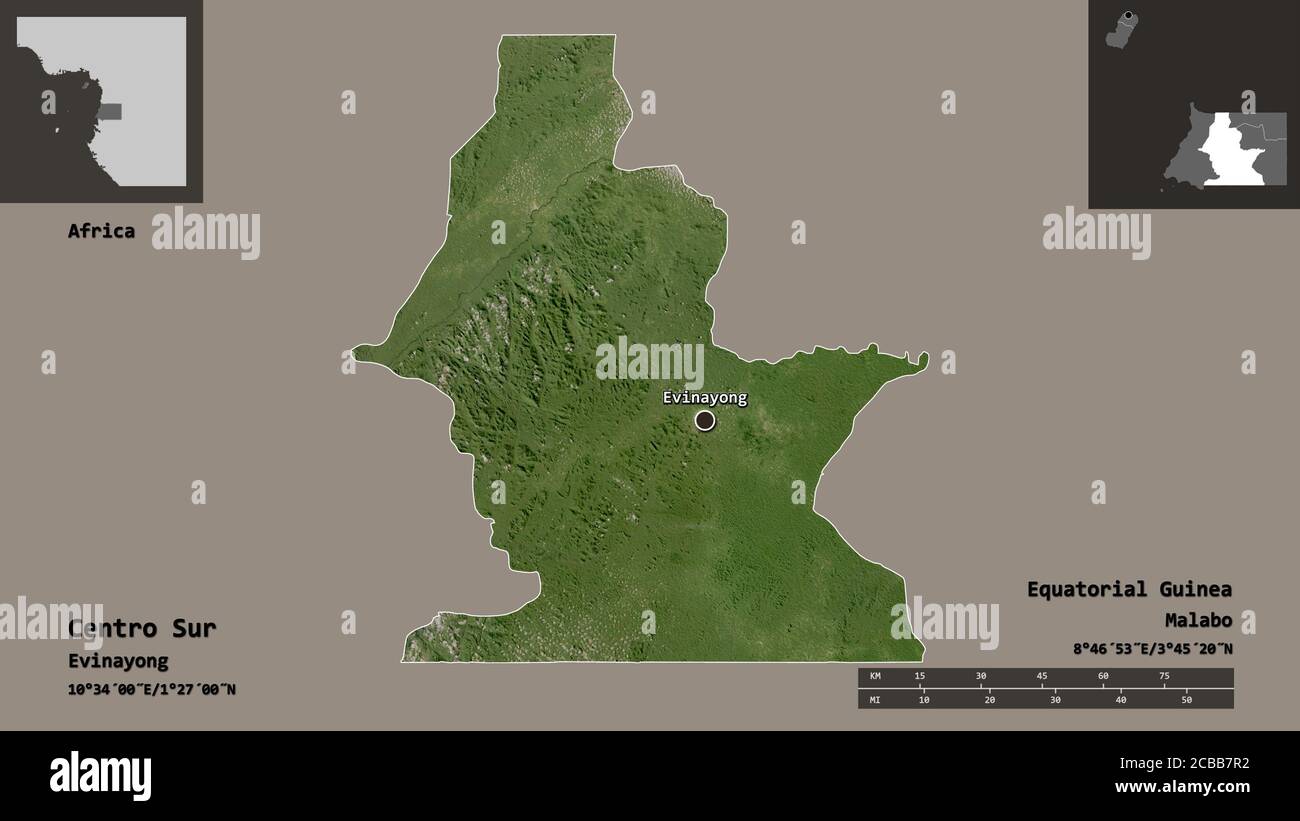Form des Centro Sur, Provinz Äquatorialguinea, und seiner Hauptstadt. Entfernungsskala, Vorschauen und Beschriftungen. Satellitenbilder. 3D-Rendering Stockfoto
