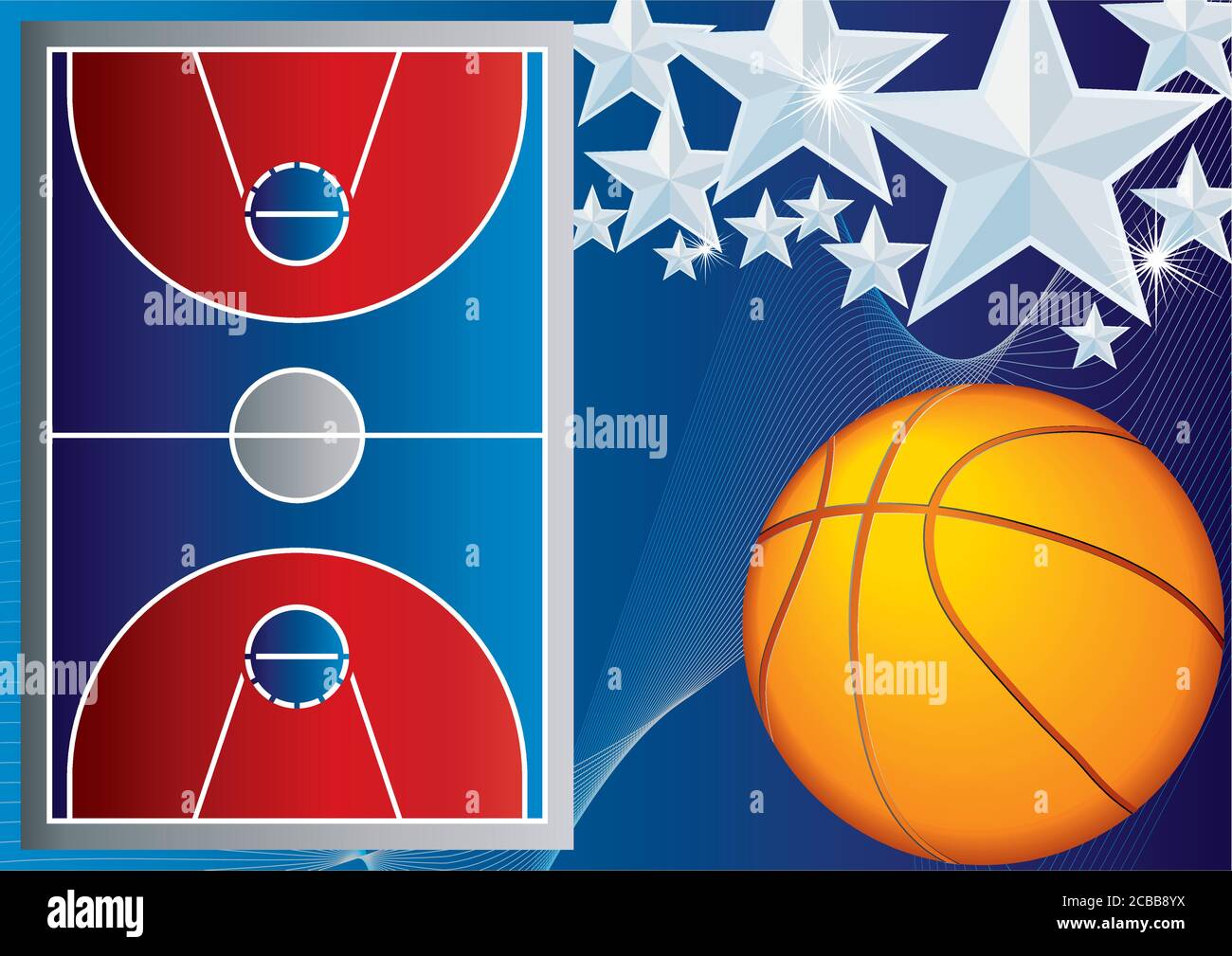 Basketball-, Ball- und Basketballfeld, Vektorgrafik für Plakate, Präsentationen, Informationen, Poster Stock Vektor