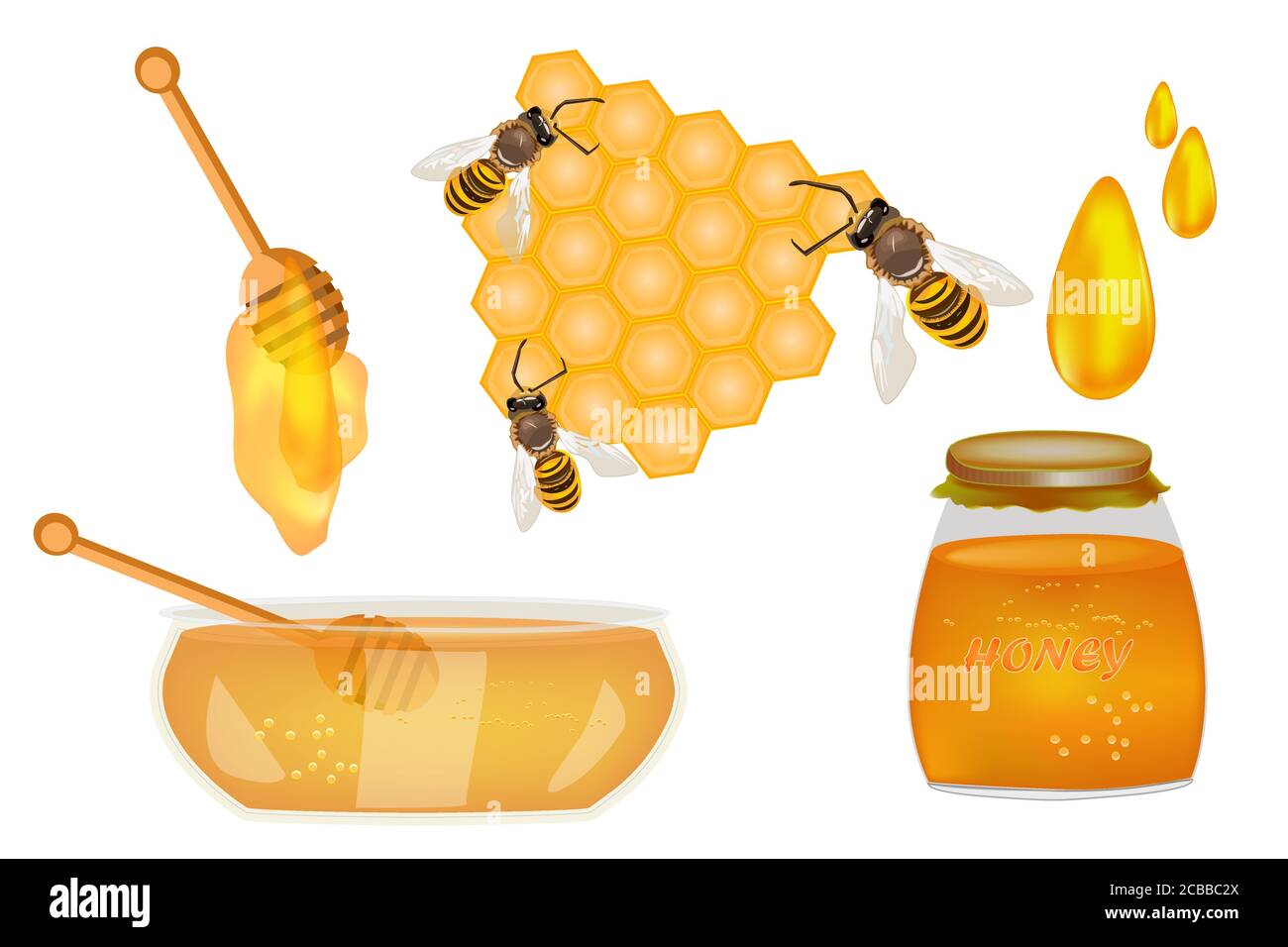 Honigset von Biene, Wabe, Dipper, Schüssel, Glas und Honig Tropfen isoliert auf weißem Hintergrund. Bio Food Design Konzept. Vektorgrafik für Aktien Stock Vektor