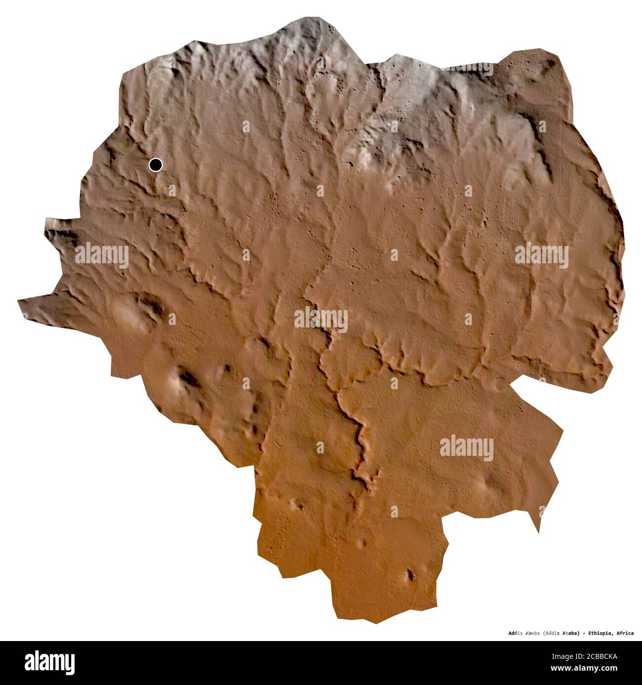 Form von Addis Abeba, Stadt von Äthiopien, mit seiner Hauptstadt isoliert auf weißem Hintergrund. Topografische Reliefkarte. 3D-Rendering Stockfoto
