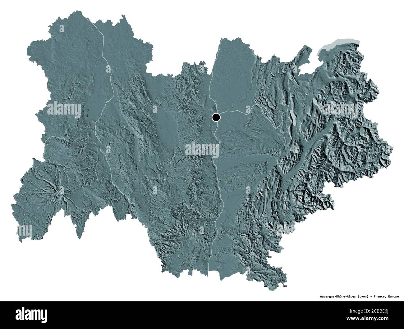 Form der Auvergne-Rhône-Alpes, Region Frankreich, mit seiner Hauptstadt isoliert auf weißem Hintergrund. Farbige Höhenkarte. 3D-Rendering Stockfoto Form der Auvergne-Rhône-Alpes, Region Frankreich, mit seiner Hauptstadt isoliert auf weißem Hintergrund. Farbige Höhenkarte. 3D-Rendering Stockfoto
