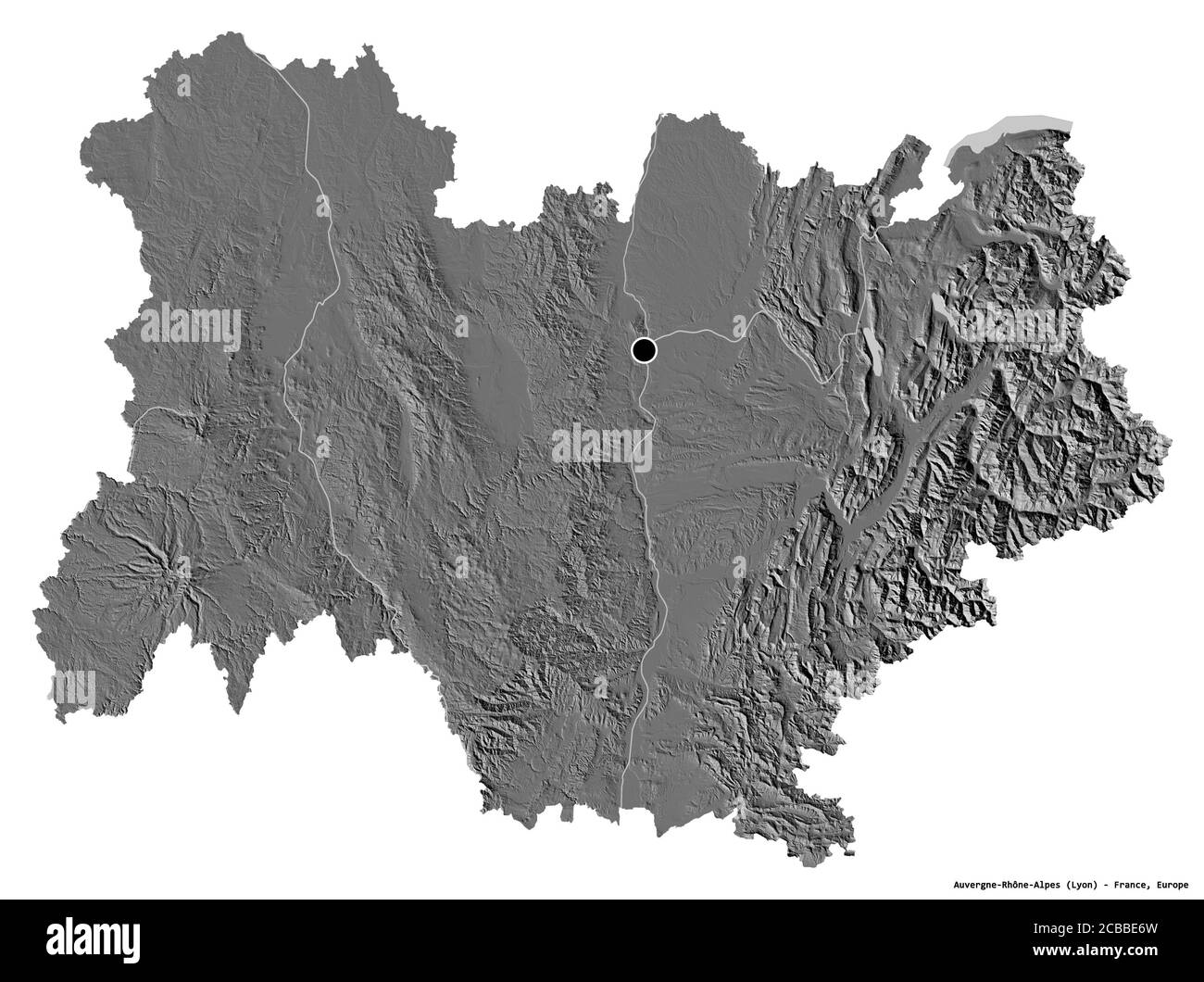 Form der Auvergne-Rhône-Alpes, Region Frankreich, mit seiner Hauptstadt isoliert auf weißem Hintergrund. Höhenkarte mit zwei Ebenen. 3D-Rendering Stockfoto Form der Auvergne-Rhône-Alpes, Region Frankreich, mit seiner Hauptstadt isoliert auf weißem Hintergrund. Höhenkarte mit zwei Ebenen. 3D-Rendering Stockfoto