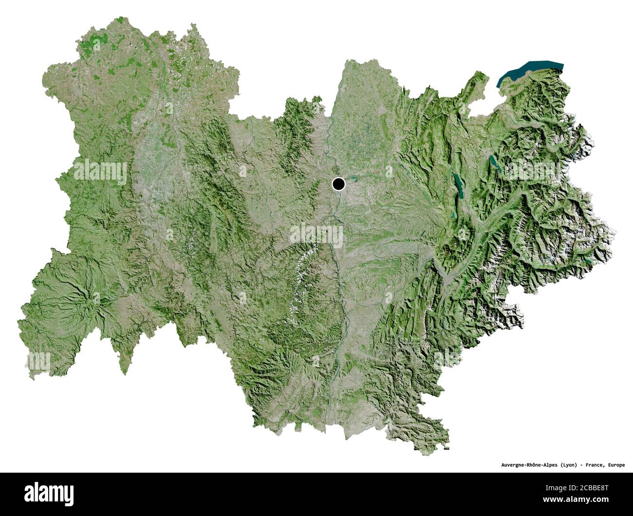 Form der Auvergne-Rhône-Alpes, Region Frankreich, mit seiner Hauptstadt isoliert auf weißem Hintergrund. Satellitenbilder. 3D-Rendering Stockfoto Form der Auvergne-Rhône-Alpes, Region Frankreich, mit seiner Hauptstadt isoliert auf weißem Hintergrund. Satellitenbilder. 3D-Rendering Stockfoto