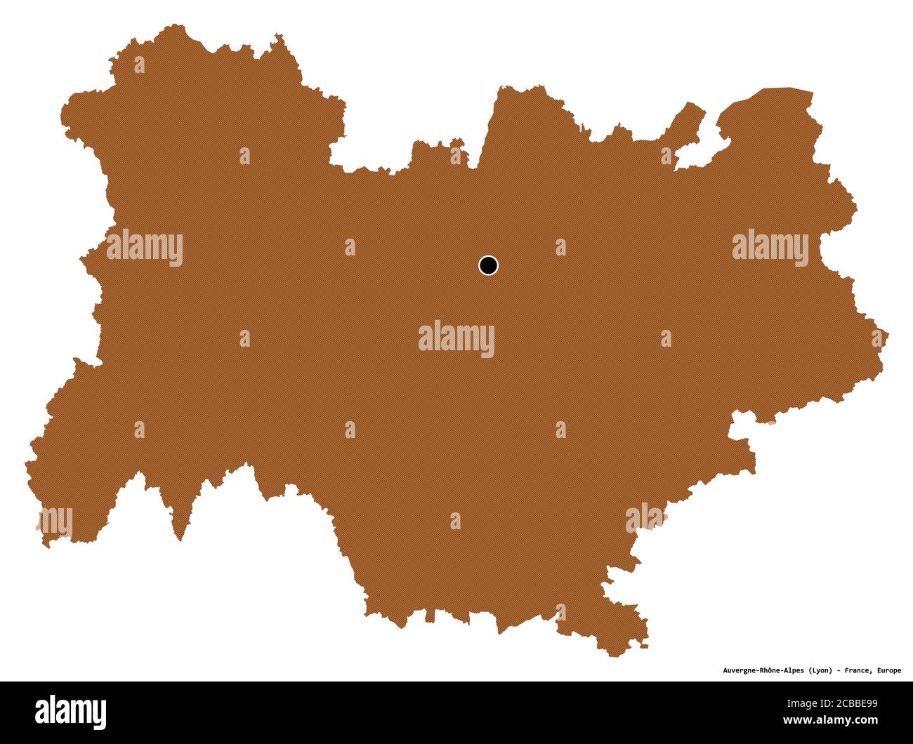Form der Auvergne-Rhône-Alpes, Region Frankreich, mit seiner Hauptstadt isoliert auf weißem Hintergrund. Komposition von gemusterten Texturen. 3D-Rendering Stockfoto Form der Auvergne-Rhône-Alpes, Region Frankreich, mit seiner Hauptstadt isoliert auf weißem Hintergrund. Komposition von gemusterten Texturen. 3D-Rendering Stockfoto