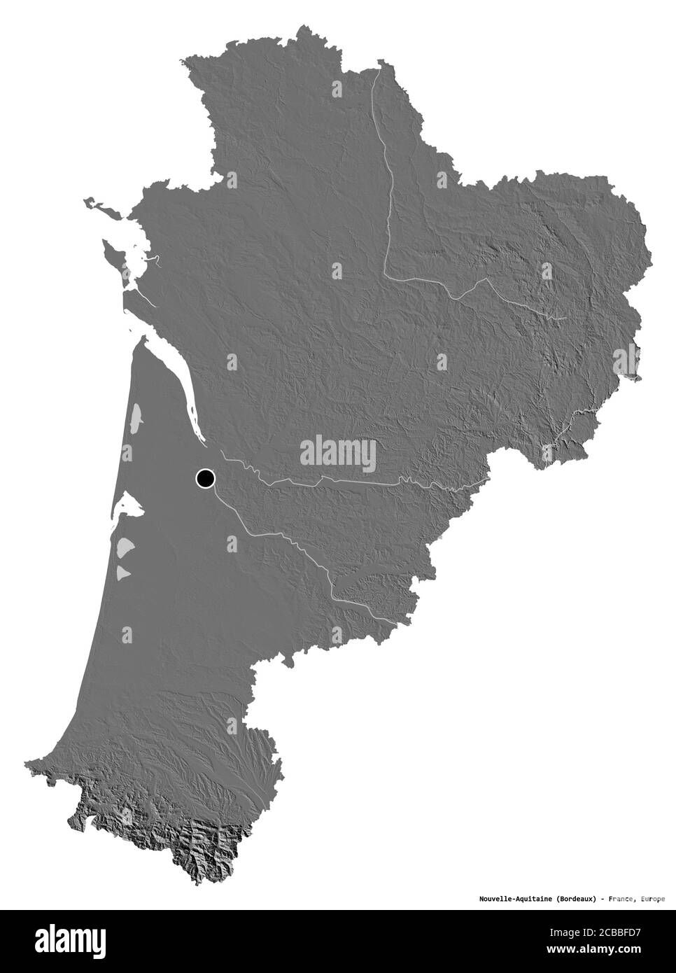 Form von Nouvelle-Aquitaine, Region von Frankreich, mit seiner Hauptstadt isoliert auf weißem Hintergrund. Höhenkarte mit zwei Ebenen. 3D-Rendering Stockfoto