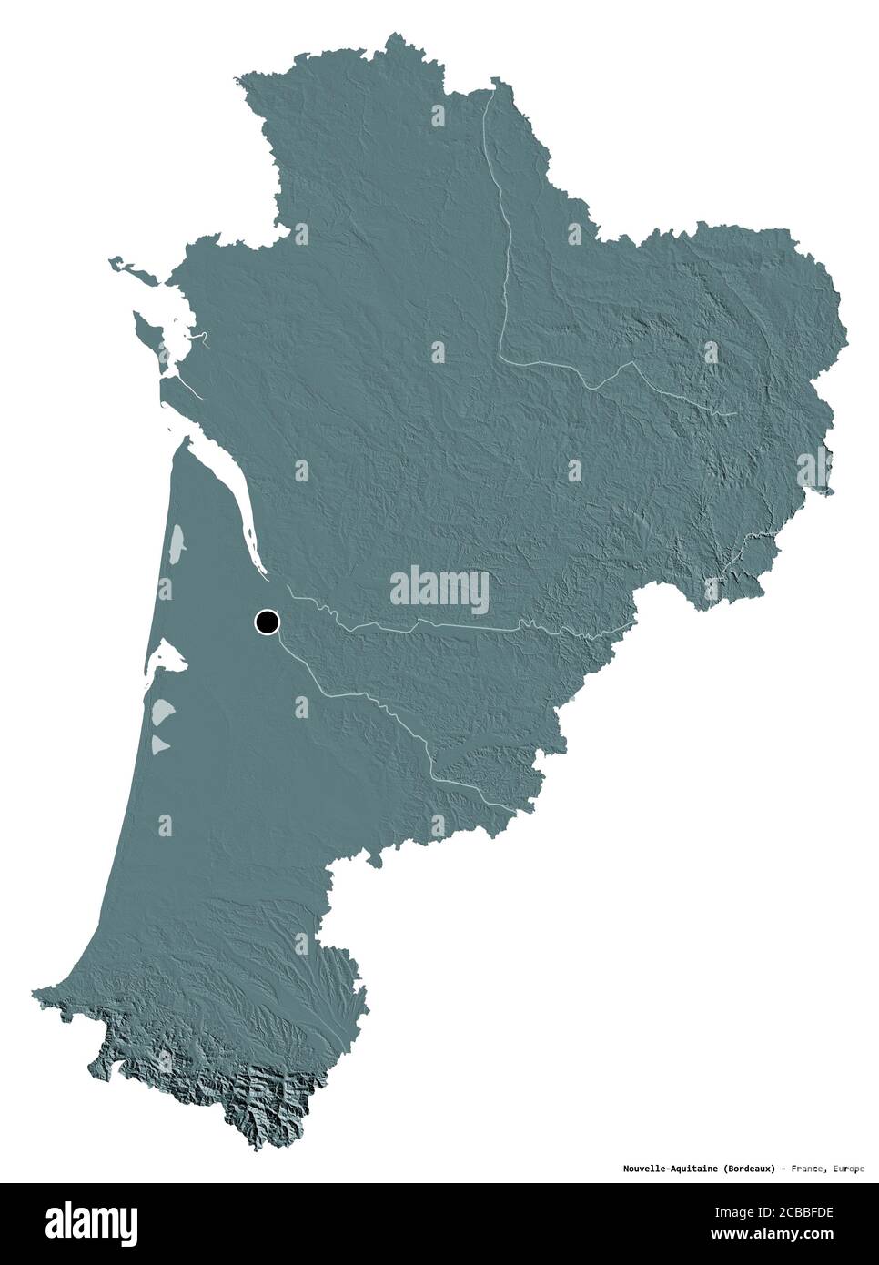 Form von Nouvelle-Aquitaine, Region von Frankreich, mit seiner Hauptstadt isoliert auf weißem Hintergrund. Farbige Höhenkarte. 3D-Rendering Stockfoto