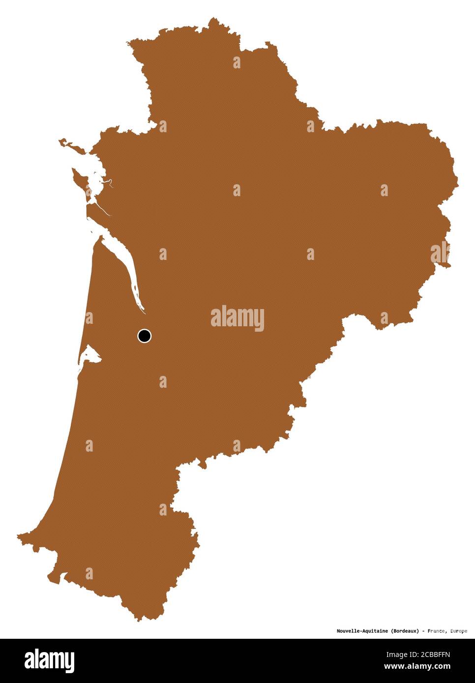 Form von Nouvelle-Aquitaine, Region von Frankreich, mit seiner Hauptstadt isoliert auf weißem Hintergrund. Komposition von gemusterten Texturen. 3D-Rendering Stockfoto