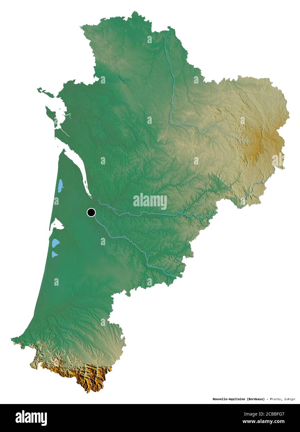 Form von Nouvelle-Aquitaine, Region von Frankreich, mit seiner Hauptstadt isoliert auf weißem Hintergrund. Topografische Reliefkarte. 3D-Rendering Stockfoto