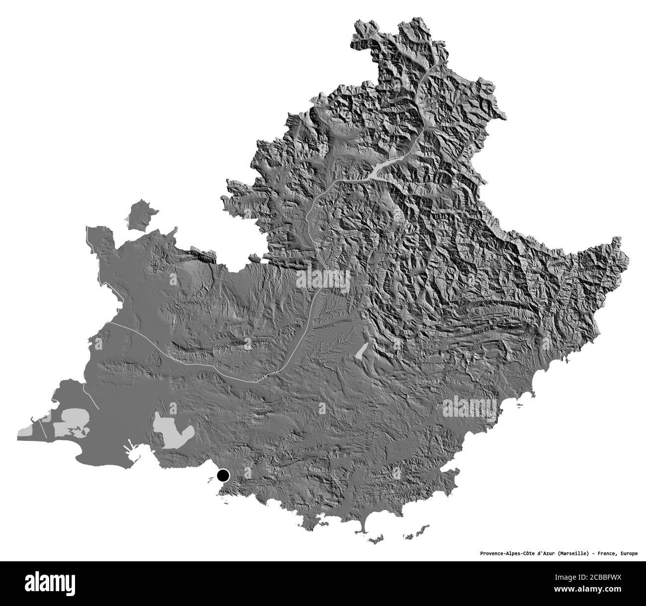 Form der Provence-Alpes-Côte d'Azur, Region von Frankreich, mit seiner Hauptstadt isoliert auf weißem Hintergrund. Höhenkarte mit zwei Ebenen. 3D-Rendering Stockfoto