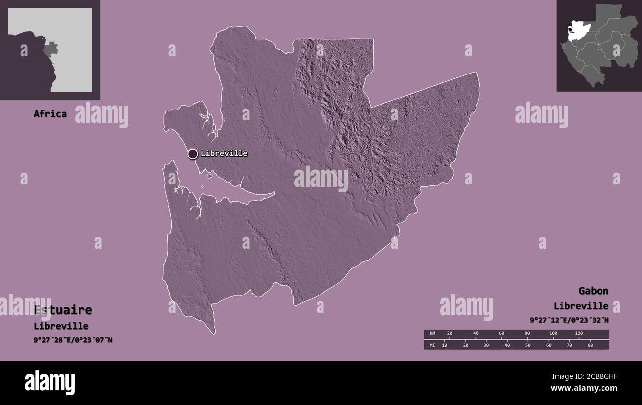 Form von Estuaire, Provinz Gabun, und seine Hauptstadt. Entfernungsskala, Vorschauen und Beschriftungen. Farbige Höhenkarte. 3D-Rendering Stockfoto