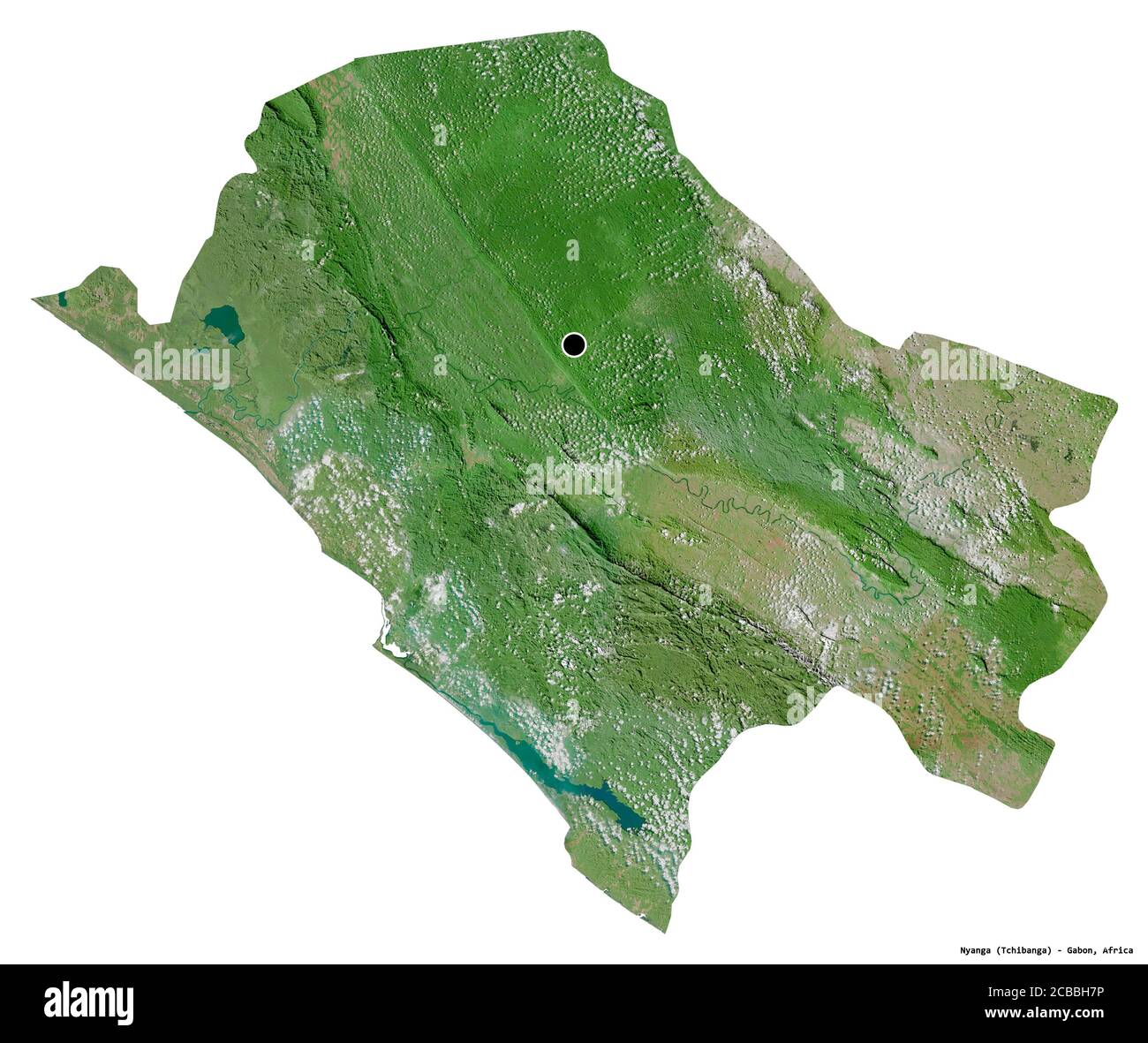 Form von Nyanga, Provinz Gabun, mit seiner Hauptstadt isoliert auf weißem Hintergrund. Satellitenbilder. 3D-Rendering Stockfoto