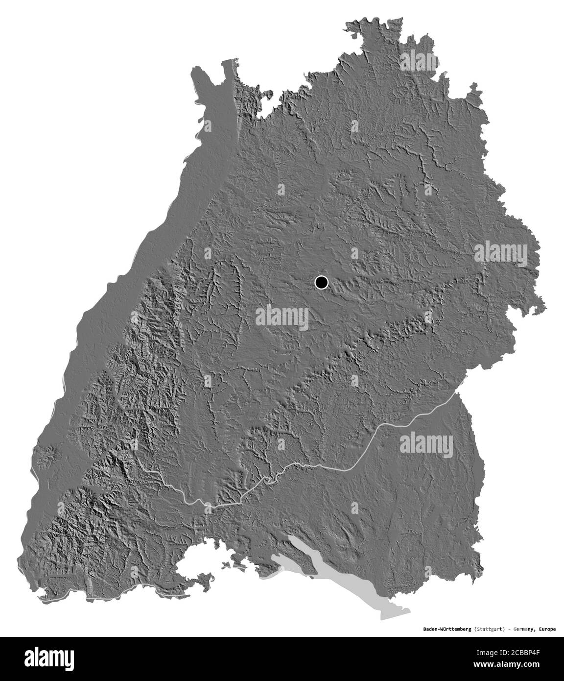 Form von Baden-Württemberg, Land Deutschland, mit seiner Hauptstadt isoliert auf weißem Hintergrund. Höhenkarte mit zwei Ebenen. 3D-Rendering Stockfoto