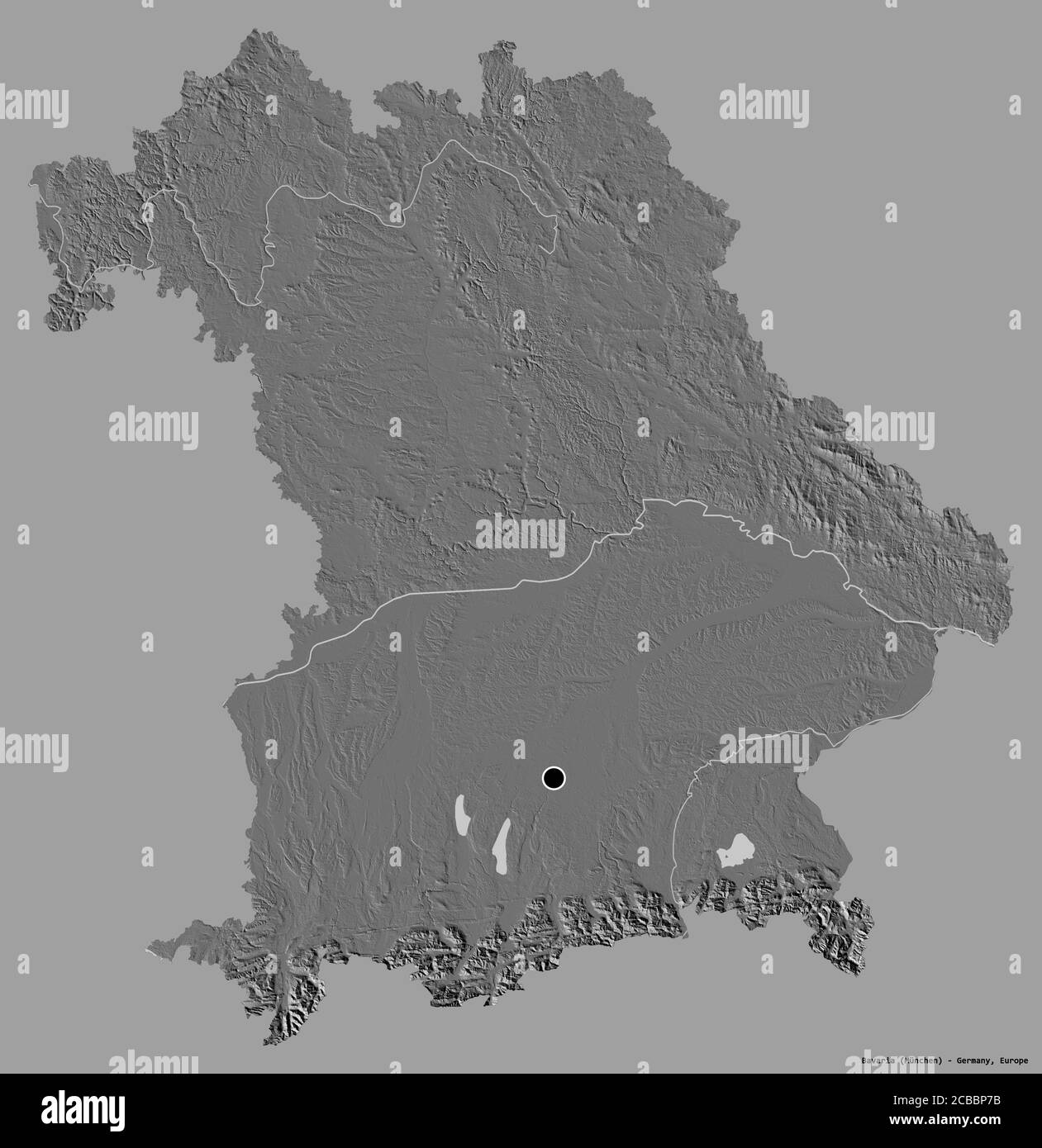 Form von Bayern, Bundesland Deutschland, mit seiner Hauptstadt isoliert auf einem einfarbigen Hintergrund. Höhenkarte mit zwei Ebenen. 3D-Rendering Stockfoto