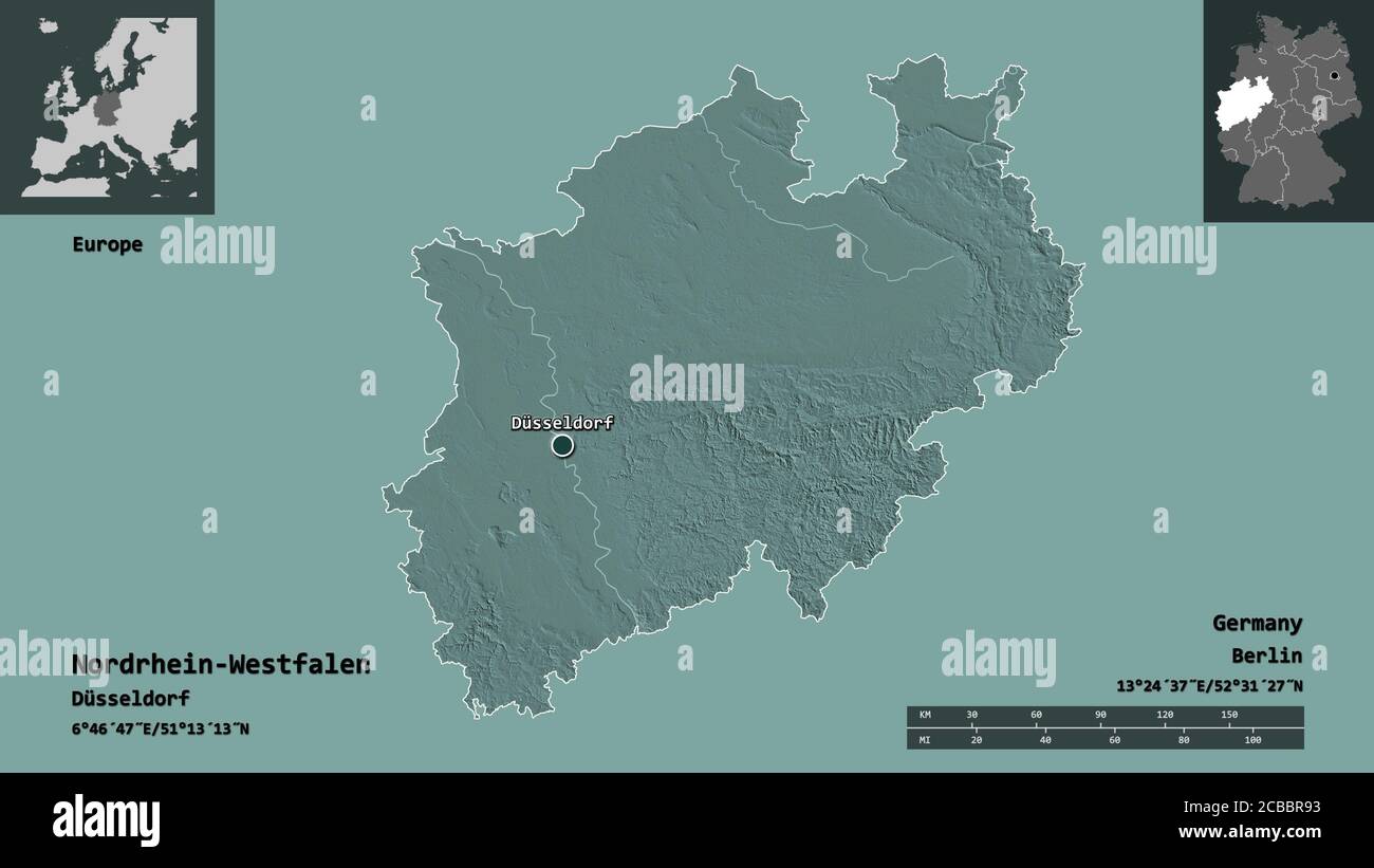 Form des Landes Nordrhein-Westfalen und seiner Hauptstadt. Entfernungsskala, Vorschauen und Beschriftungen. Farbige Höhenkarte. 3D-Rendering Stockfoto