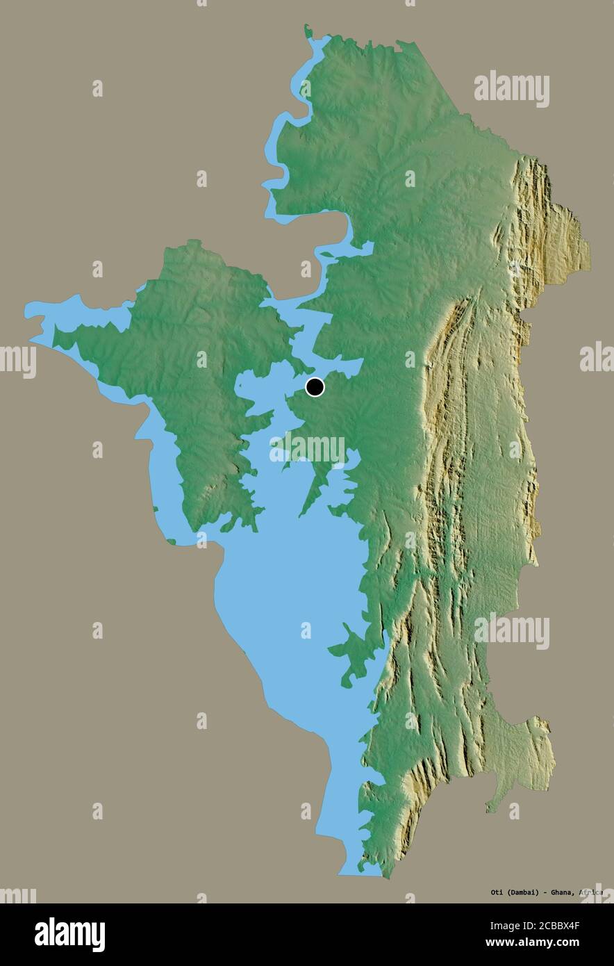 Form von Oti, Region von Ghana, mit seiner Hauptstadt isoliert auf einem einfarbigen Hintergrund. Topografische Reliefkarte. 3D-Rendering Stockfoto