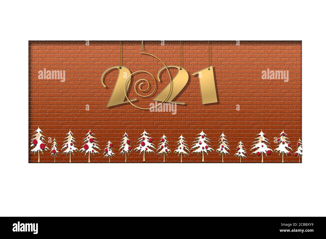 2021 Glückliche Neujahrskarte. Aufgehängte Zahl 2021 auf roter Ziegelmauer mit Rand der Weihnachtsbäume. Speicherplatz kopieren. Visitenkarte. 3D-Illustration Stockfoto