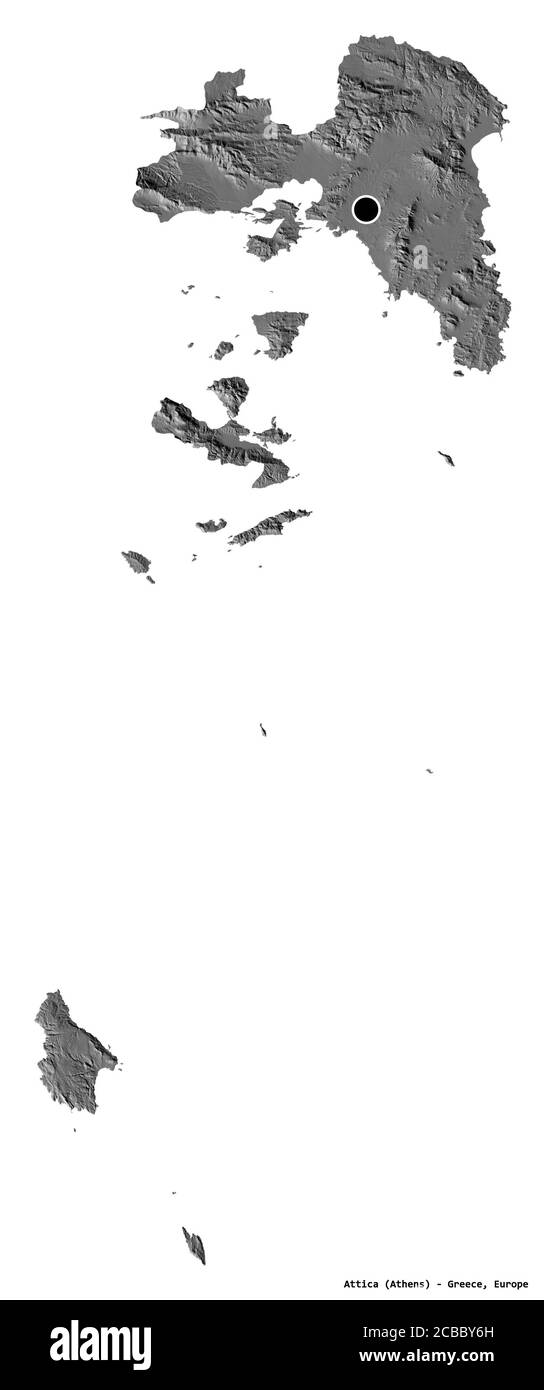 Form von Attika, dezentrale Verwaltung von Griechenland, mit seiner Hauptstadt isoliert auf weißem Hintergrund. Höhenkarte mit zwei Ebenen. 3D-Rendering Stockfoto