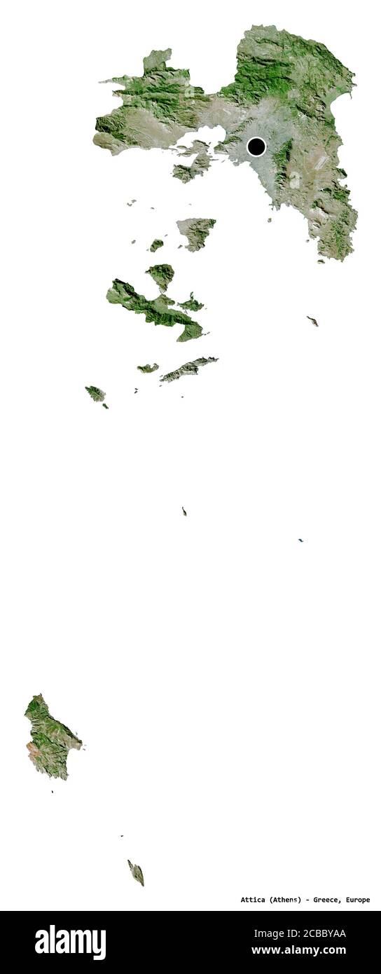 Form von Attika, dezentrale Verwaltung von Griechenland, mit seiner Hauptstadt isoliert auf weißem Hintergrund. Satellitenbilder. 3D-Rendering Stockfoto