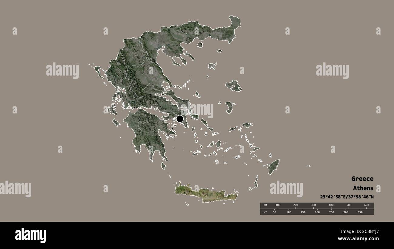 Entsättigte Form von Griechenland mit seiner Hauptstadt, Hauptregionalteilung und dem abgetrennten Kreta-Gebiet. Beschriftungen. Satellitenbilder. 3D-Rendering Stockfoto