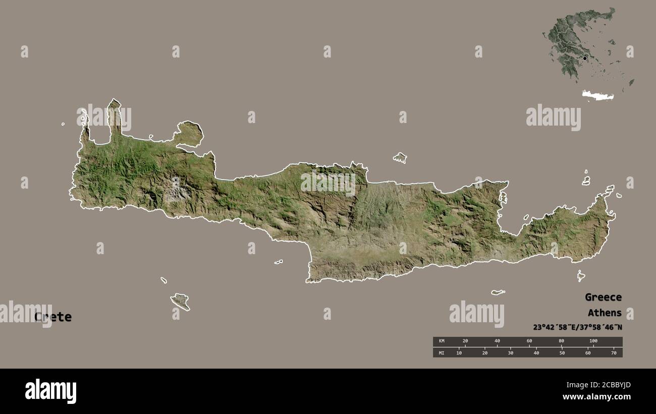 Form von Kreta, dezentrale Verwaltung von Griechenland, mit seiner Hauptstadt isoliert auf festem Hintergrund. Entfernungsskala, Regionenvorschau und Beschriftungen. Sate Stockfoto