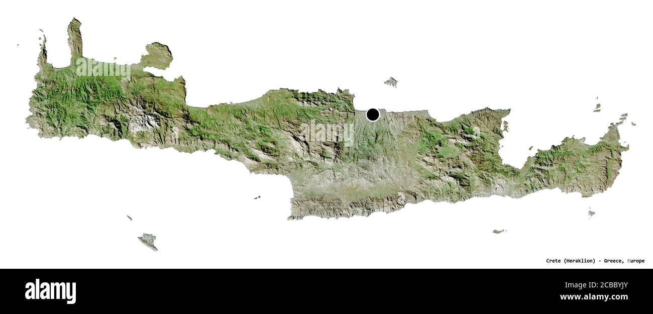 Form von Kreta, dezentrale Verwaltung von Griechenland, mit seiner Hauptstadt isoliert auf weißem Hintergrund. Satellitenbilder. 3D-Rendering Stockfoto