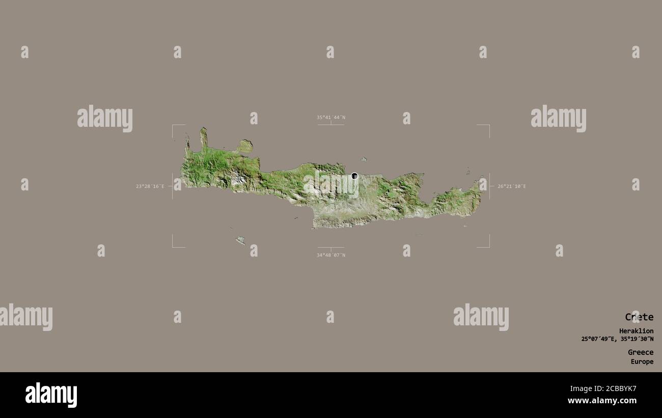 Gebiet von Kreta, dezentrale Verwaltung von Griechenland, isoliert auf einem soliden Hintergrund in einem georeferenzierten Begrenzungsrahmen. Beschriftungen. Satellitenbilder. 3D r Stockfoto