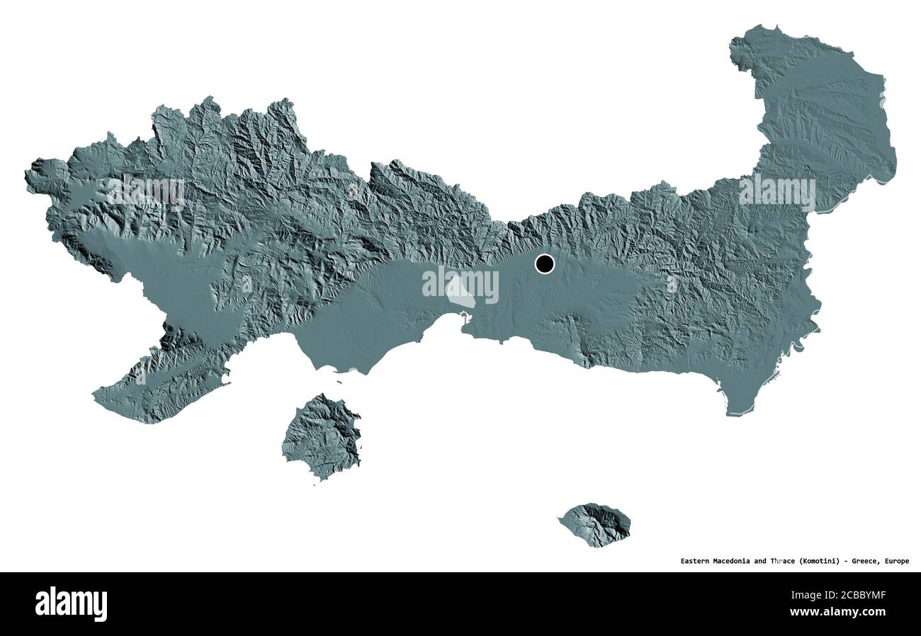 Form von Ost-Mazedonien und Thrakien, dezentrale Verwaltung von Griechenland, mit seiner Hauptstadt isoliert auf weißem Hintergrund. Farbige Höhenkarte. 3 Stockfoto