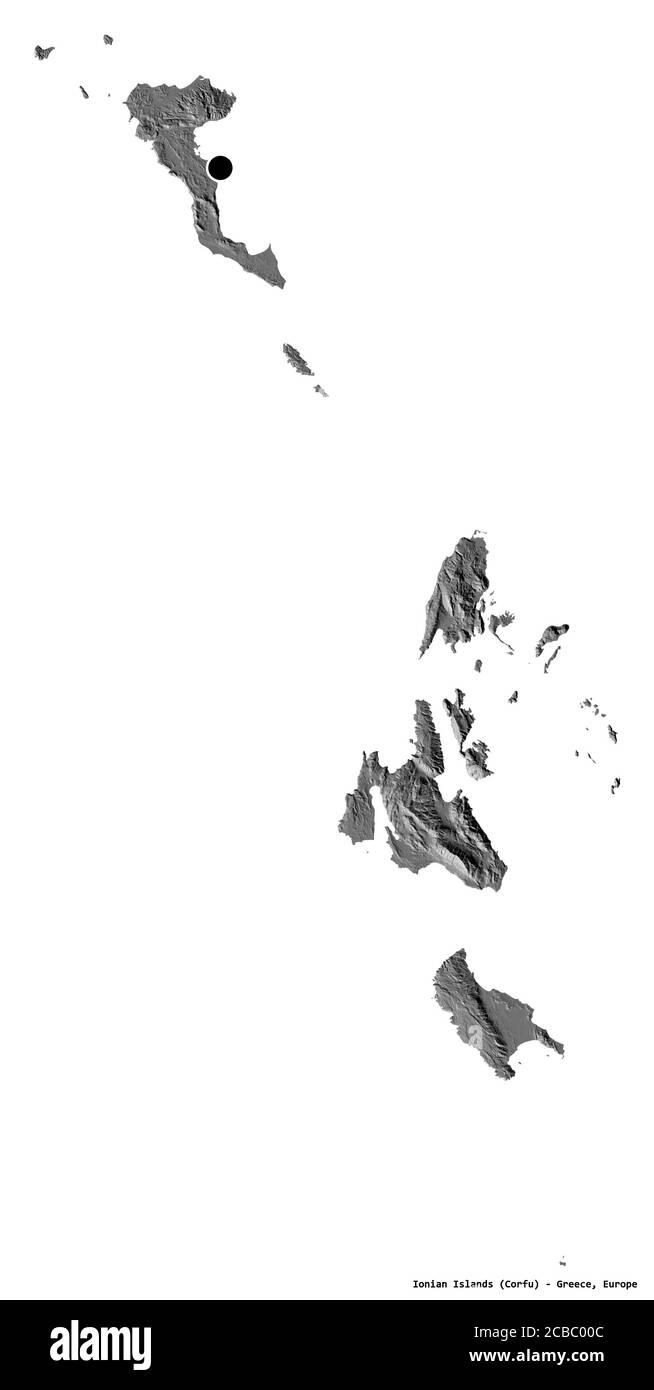 Form der ionischen Inseln, dezentrale Verwaltung Griechenlands, mit seiner Hauptstadt isoliert auf weißem Hintergrund. Höhenkarte mit zwei Ebenen. 3D-Rendering Stockfoto