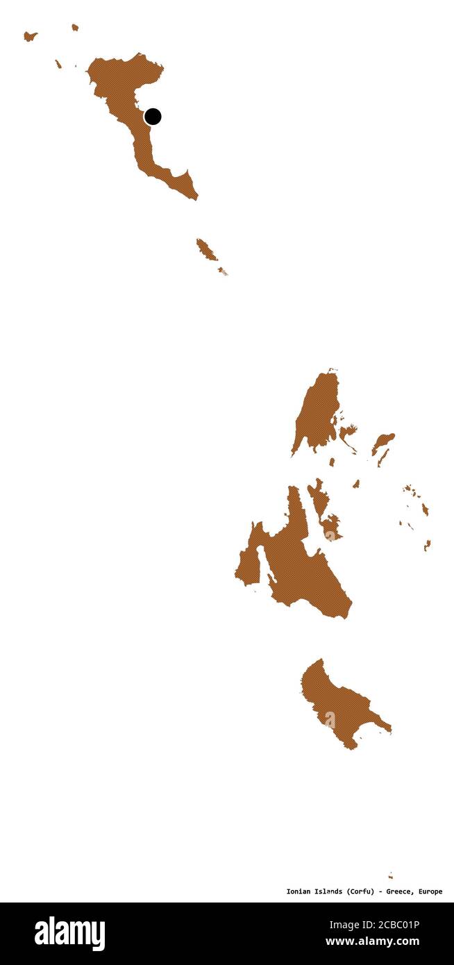 Form der ionischen Inseln, dezentrale Verwaltung Griechenlands, mit seiner Hauptstadt isoliert auf weißem Hintergrund. Komposition von gemusterten Texturen. 3D Stockfoto