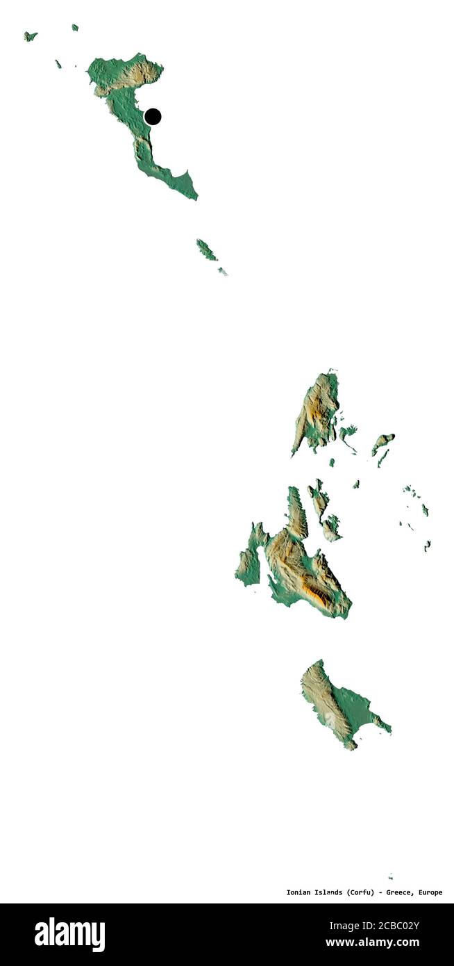 Form der ionischen Inseln, dezentrale Verwaltung Griechenlands, mit seiner Hauptstadt isoliert auf weißem Hintergrund. Topografische Reliefkarte. 3D-Rendering Stockfoto