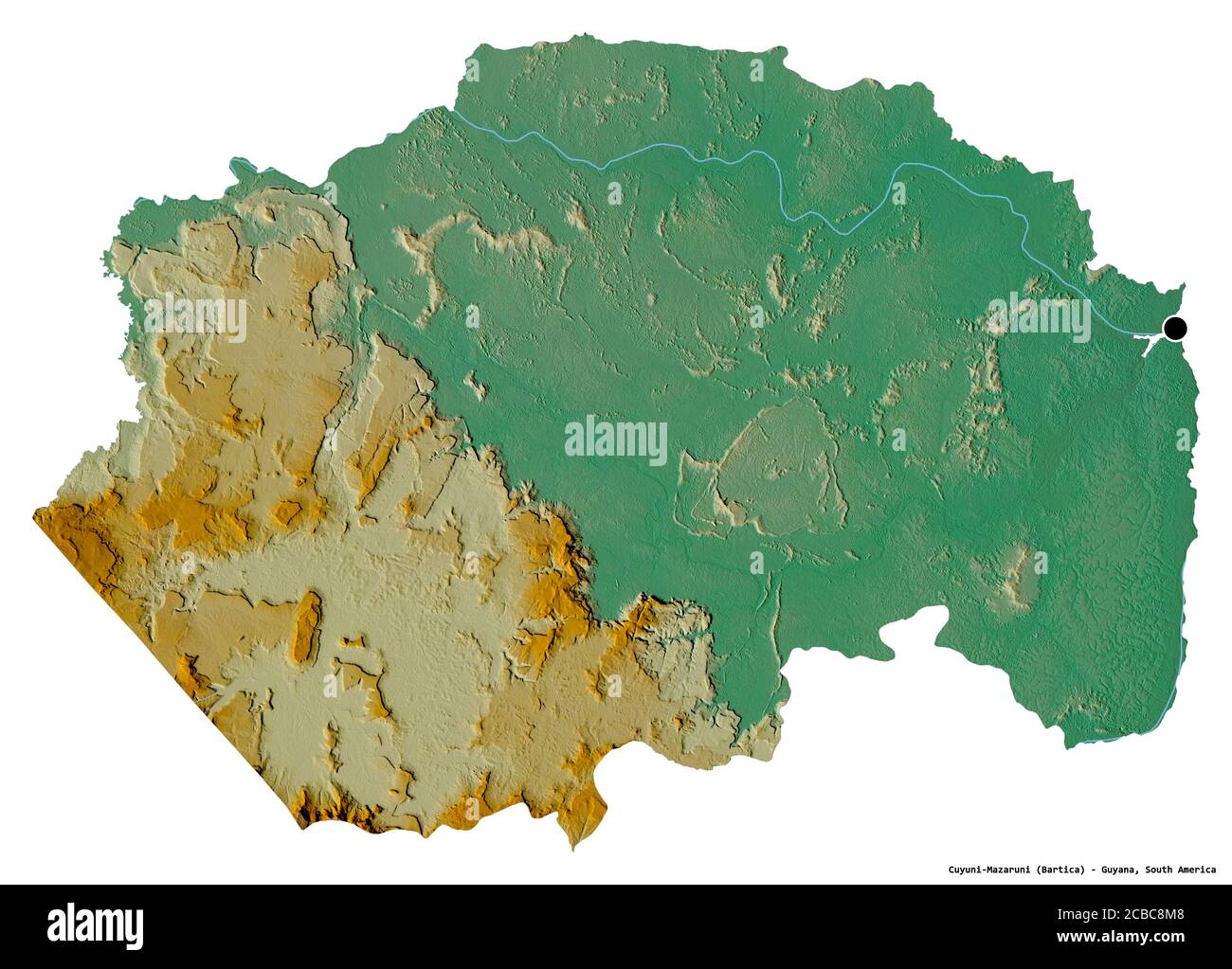 Form von Cuyuni-Mazaruni, Region Guyana, mit seiner Hauptstadt isoliert auf weißem Hintergrund. Topografische Reliefkarte. 3D-Rendering Stockfoto