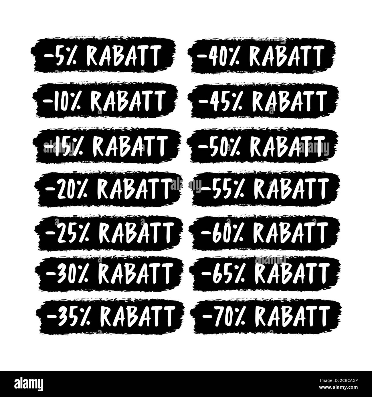 Handskizziertes Wort RABATT auf Deutsch. Übersetzte Rabatte. Handskizzierte Verkaufsschilder Set 5 off, 10, 20, 30, 40, 50, 60, 70 Prozent Label Stock Vektor