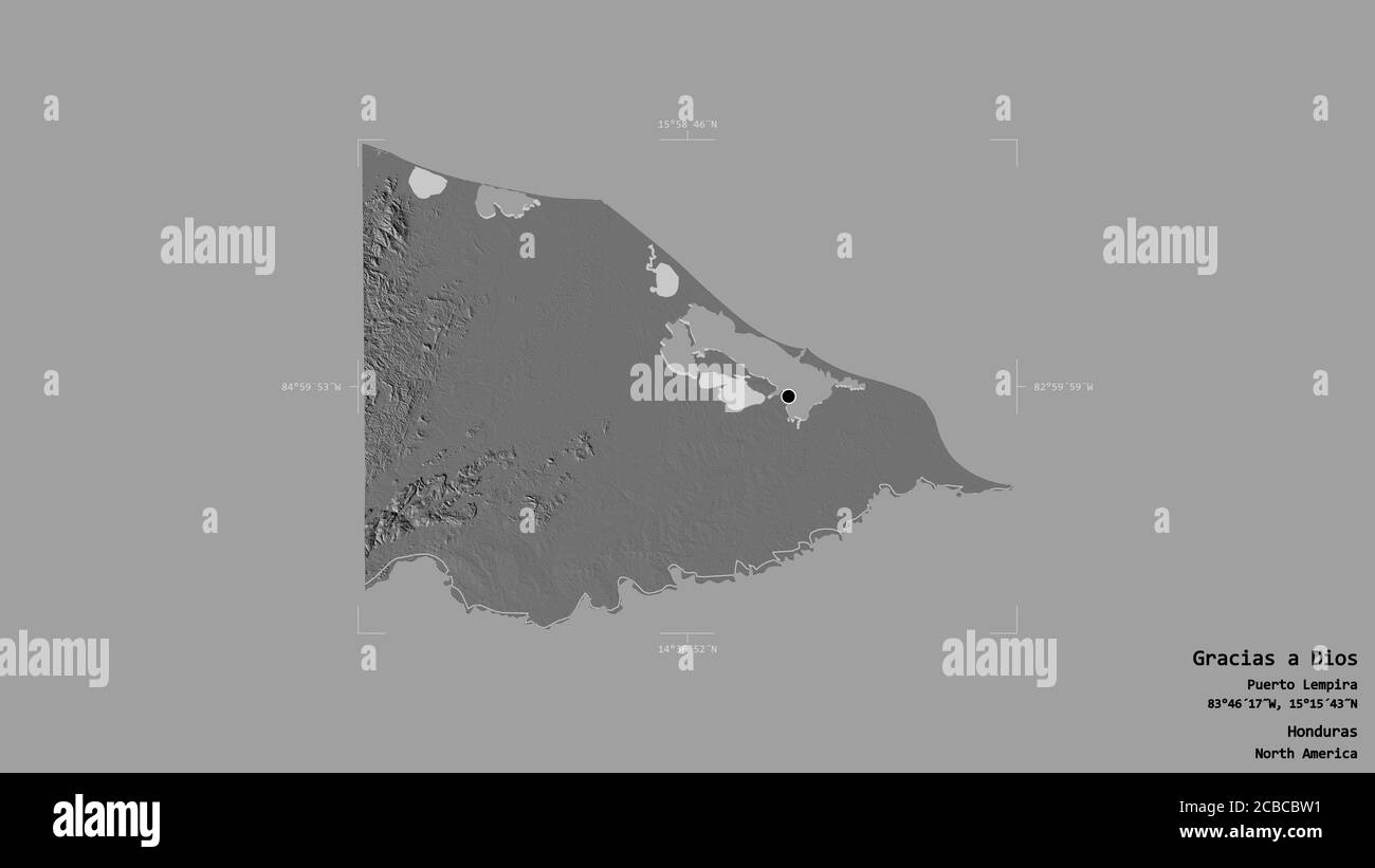 Gebiet von Gracias a Dios, Abteilung von Honduras, isoliert auf einem soliden Hintergrund in einem georeferenzierten Begrenzungsrahmen. Beschriftungen. Höhenkarte mit zwei Ebenen. 3D-Rend Stockfoto