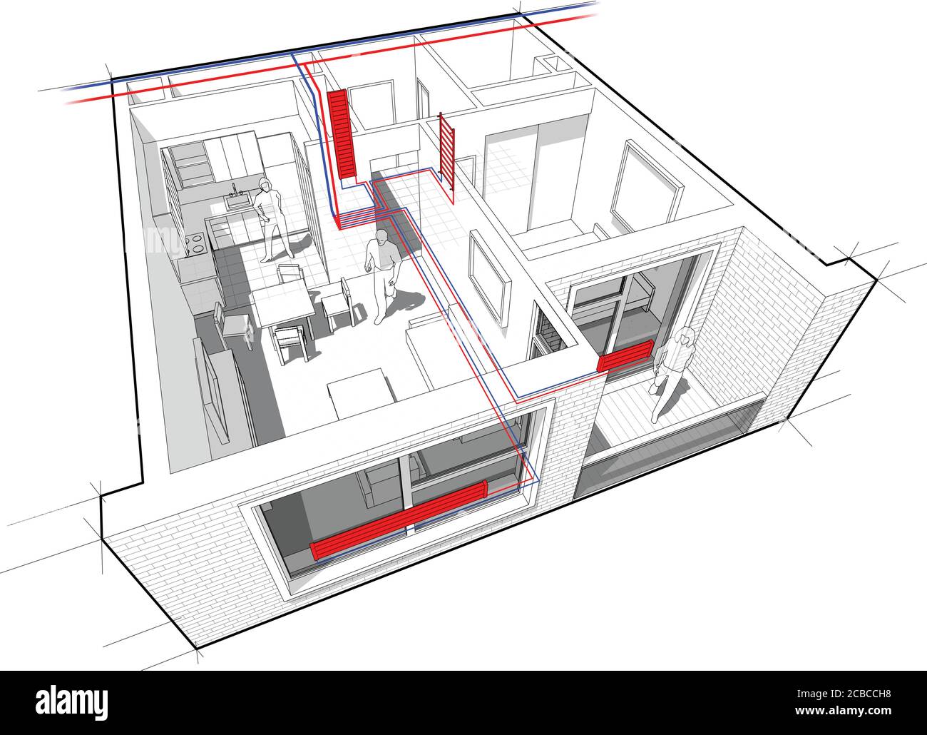 Perspektivische Cutaway-Diagramm einer Wohnung mit einem Schlafzimmer komplett möbliert Mit Warmwasserheizkörper Heizung und Zentralheizung Rohre Stock Vektor