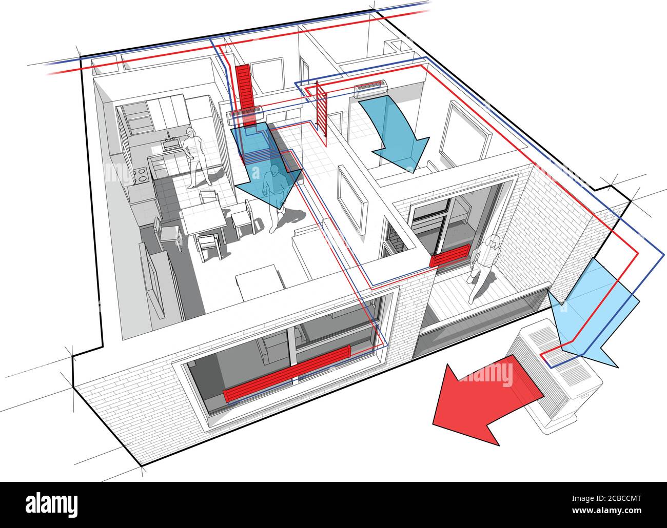 Perspektivische Cutaway-Diagramm einer Wohnung mit einem Schlafzimmer komplett möbliert Mit Warmwasserheizkörper Heizung und Zentralheizung Rohre Stock Vektor