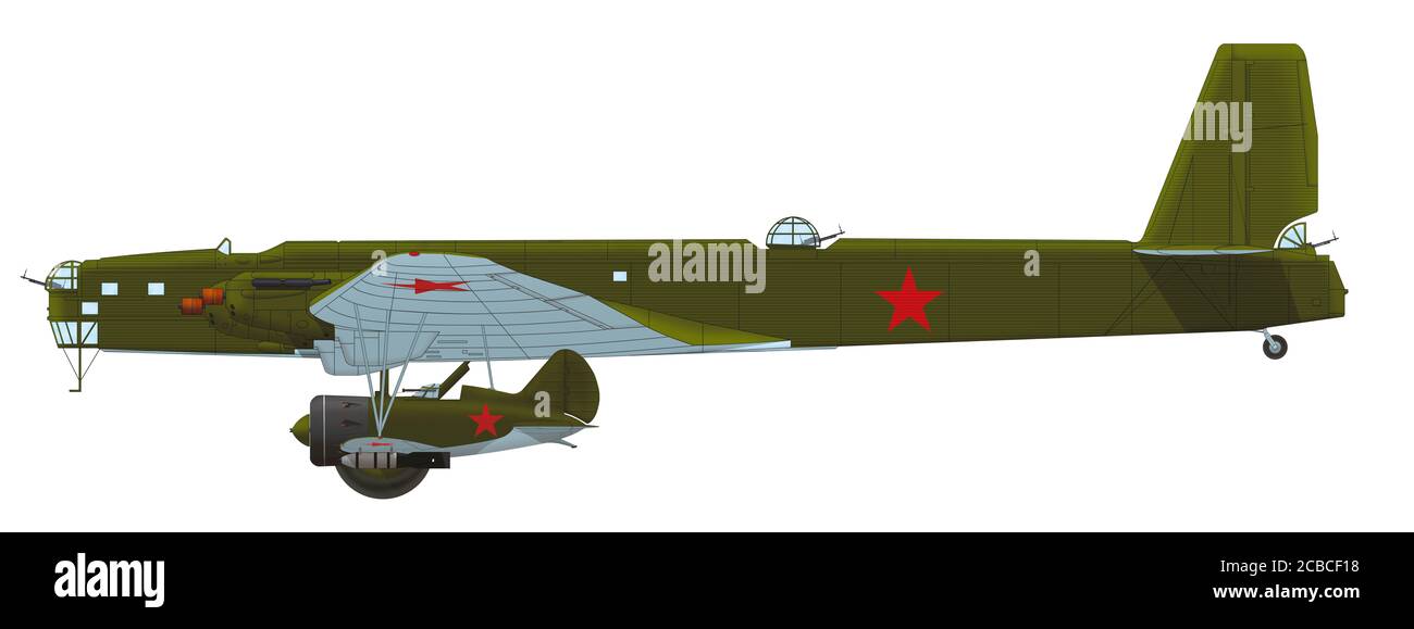 Zveno-SPB, der Träger TB-3 4AM-34RN und zwei I-16 unter den Flügeln, jeweils mit einem Paar von 250 kg (550 lb) FAB-250 Bomben bewaffnet, Sommer 1941 Stockfoto