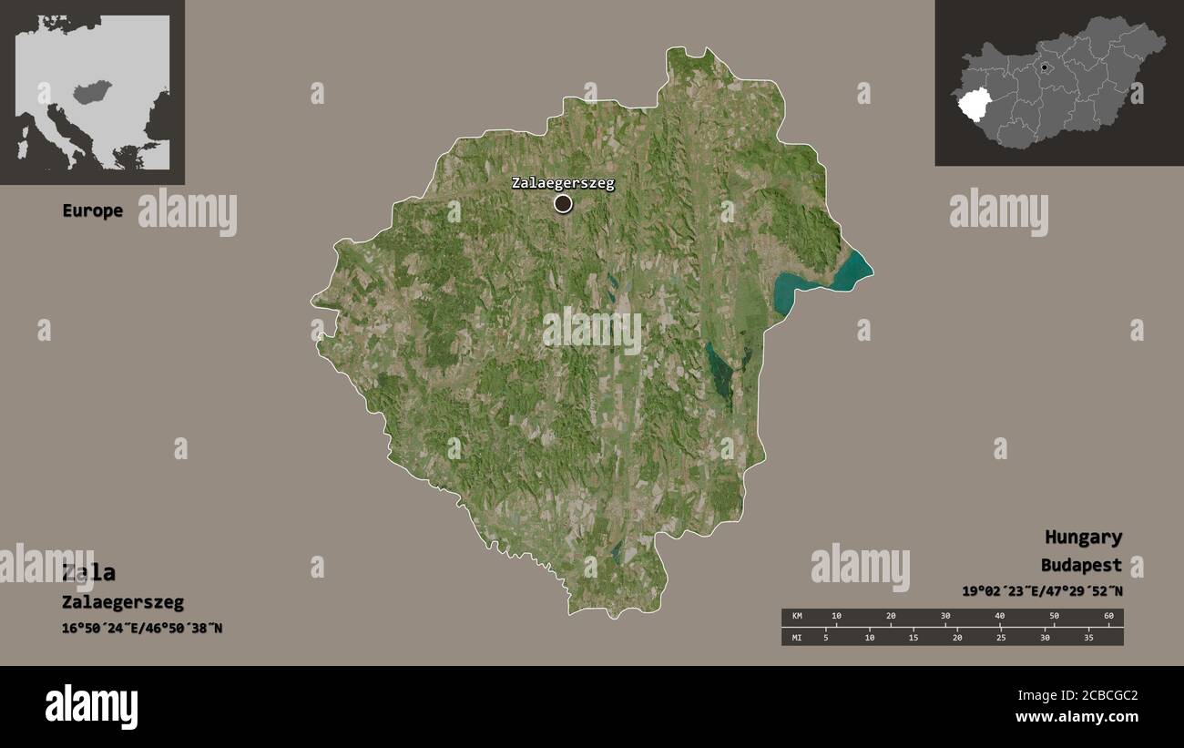 Form von Zala, Grafschaft von Ungarn, und seine Hauptstadt. Entfernungsskala, Vorschauen und Beschriftungen. Satellitenbilder. 3D-Rendering Stockfoto