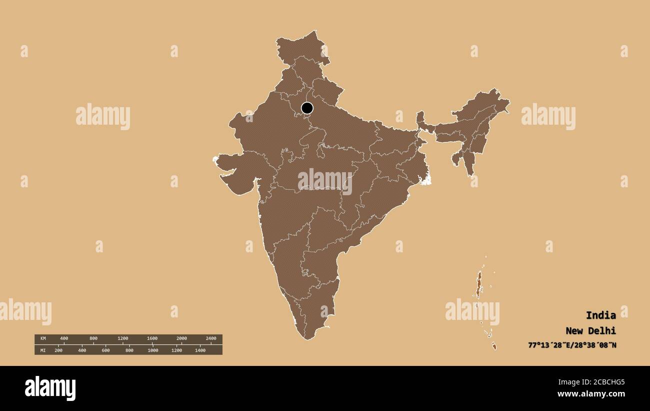 Entsättigte Form von Indien mit seiner Hauptstadt, der wichtigsten