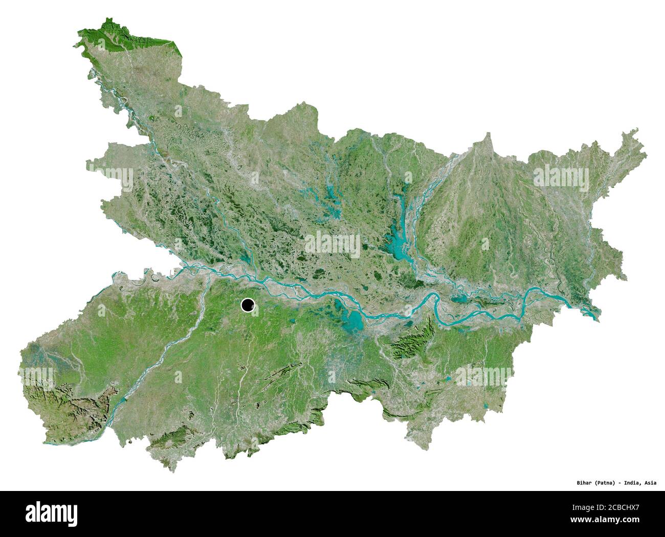 Form von Bihar, Staat Indien, mit seiner Hauptstadt isoliert auf weißem Hintergrund. Satellitenbilder. 3D-Rendering Stockfoto