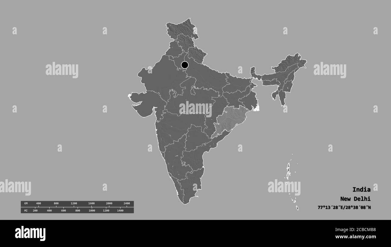 Entsättigte Form von Indien mit seiner Hauptstadt, der wichtigsten regionalen Teilung und der abgetrennten Odisha-Bereich. Beschriftungen. Höhenkarte mit zwei Ebenen. 3D-Rendering Stockfoto