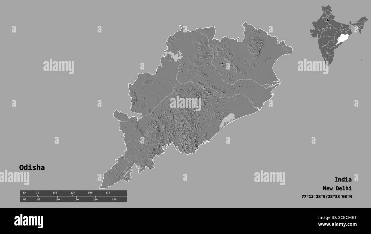 Form von Odisha, Staat Indien, mit seiner Hauptstadt isoliert auf festem Hintergrund. Entfernungsskala, Regionenvorschau und Beschriftungen. Höhenkarte mit zwei Ebenen. 3D r Stockfoto