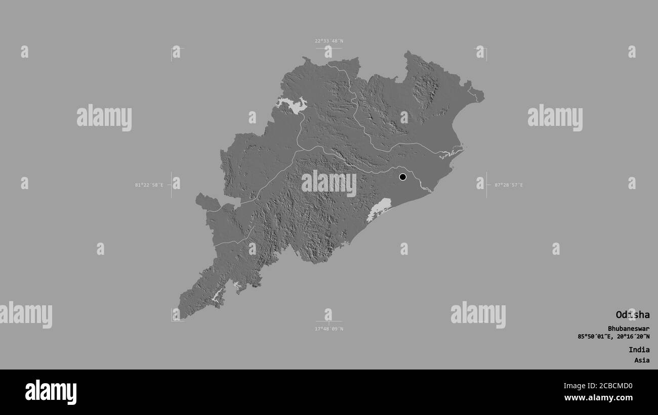 Gebiet von Odisha, Bundesstaat Indien, isoliert auf einem soliden Hintergrund in einem georeferenzierten Begrenzungsrahmen. Beschriftungen. Höhenkarte mit zwei Ebenen. 3D-Rendering Stockfoto