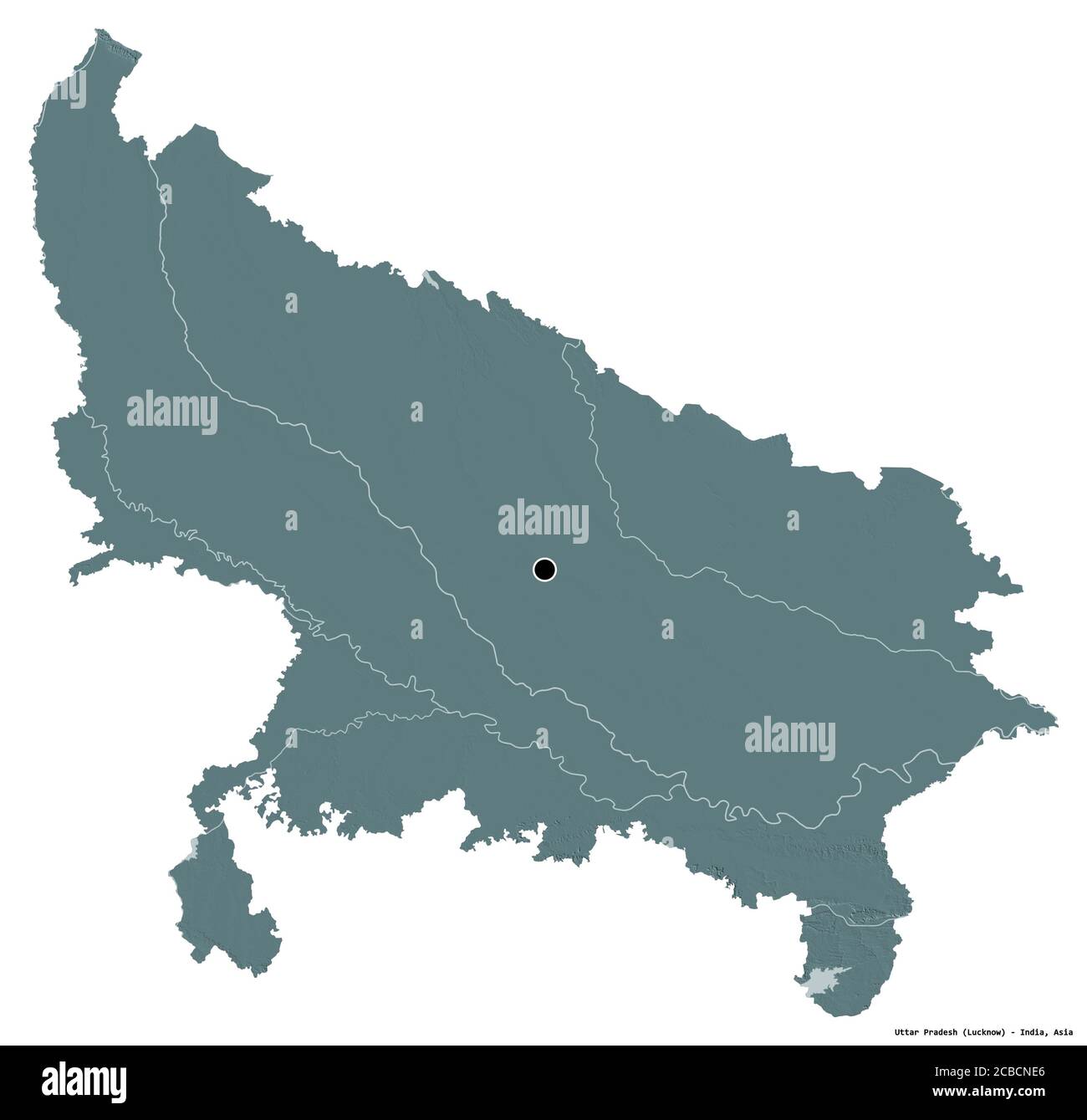 Form von Uttar Pradesh, Bundesstaat Indien, mit seiner Hauptstadt isoliert auf weißem Hintergrund. Farbige Höhenkarte. 3D-Rendering Stockfoto