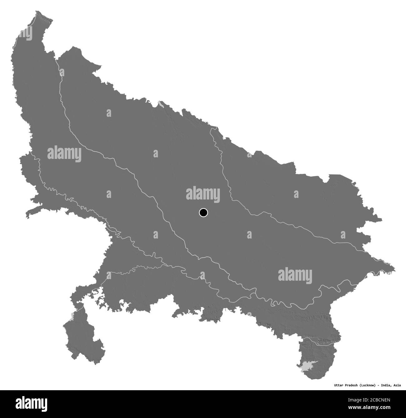 Form von Uttar Pradesh, Bundesstaat Indien, mit seiner Hauptstadt isoliert auf weißem Hintergrund. Höhenkarte mit zwei Ebenen. 3D-Rendering Stockfoto