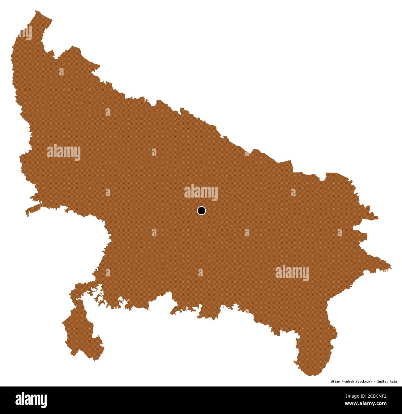 Form von Uttar Pradesh, Bundesstaat Indien, mit seiner Hauptstadt isoliert auf weißem Hintergrund. Komposition von gemusterten Texturen. 3D-Rendering Stockfoto