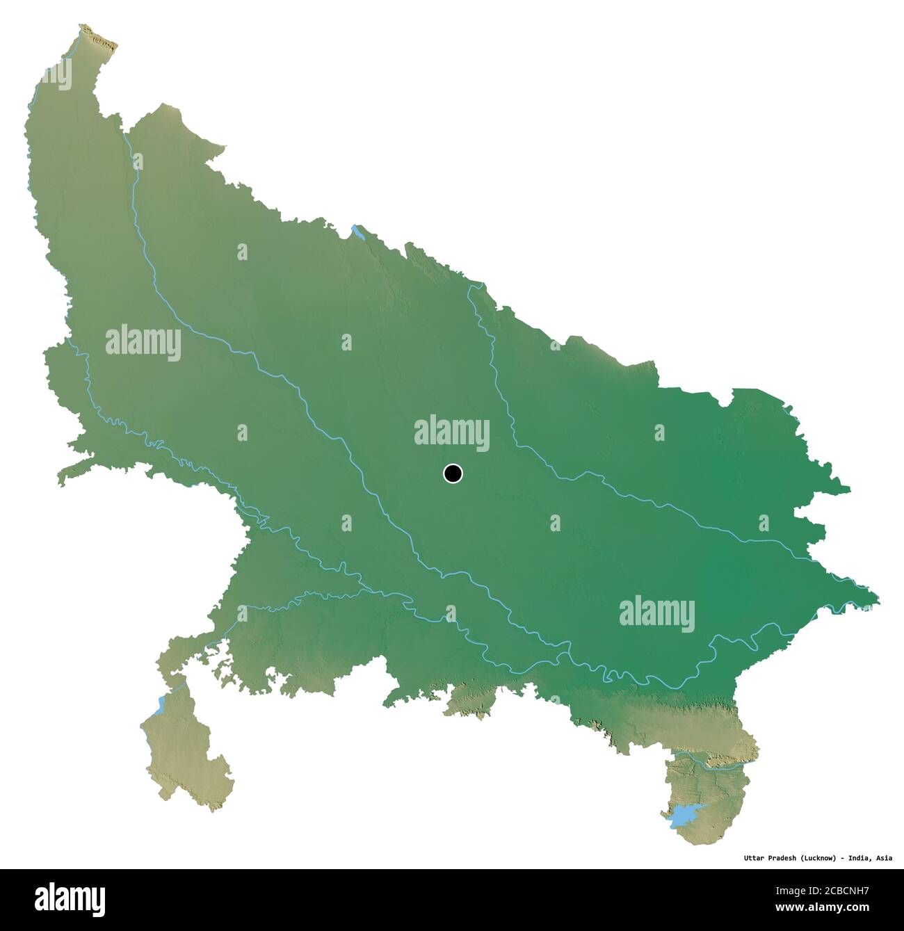 Form von Uttar Pradesh, Bundesstaat Indien, mit seiner Hauptstadt isoliert auf weißem Hintergrund. Topografische Reliefkarte. 3D-Rendering Stockfoto