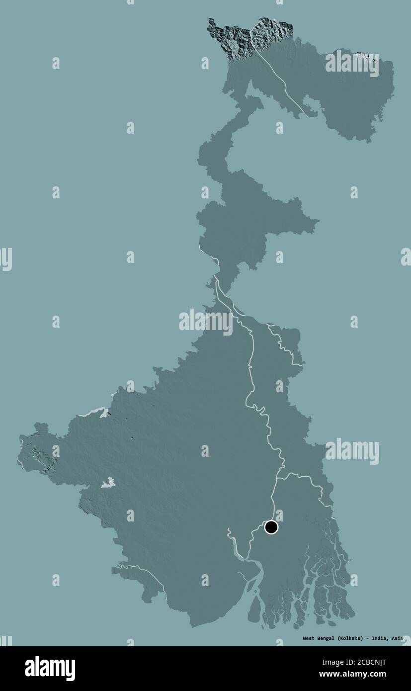 Form von West Bengalen, Staat Indien, mit seiner Hauptstadt isoliert auf einem einfarbigen Hintergrund. Farbige Höhenkarte. 3D-Rendering Stockfoto