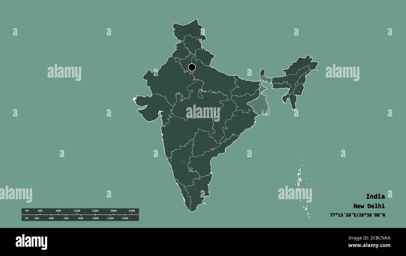 Entsättigte Form von Indien mit seiner Hauptstadt, der wichtigsten regionalen Teilung und der abgetrennten West Bengalen Bereich. Beschriftungen. Farbige Höhenkarte. 3D-Rendering Stockfoto