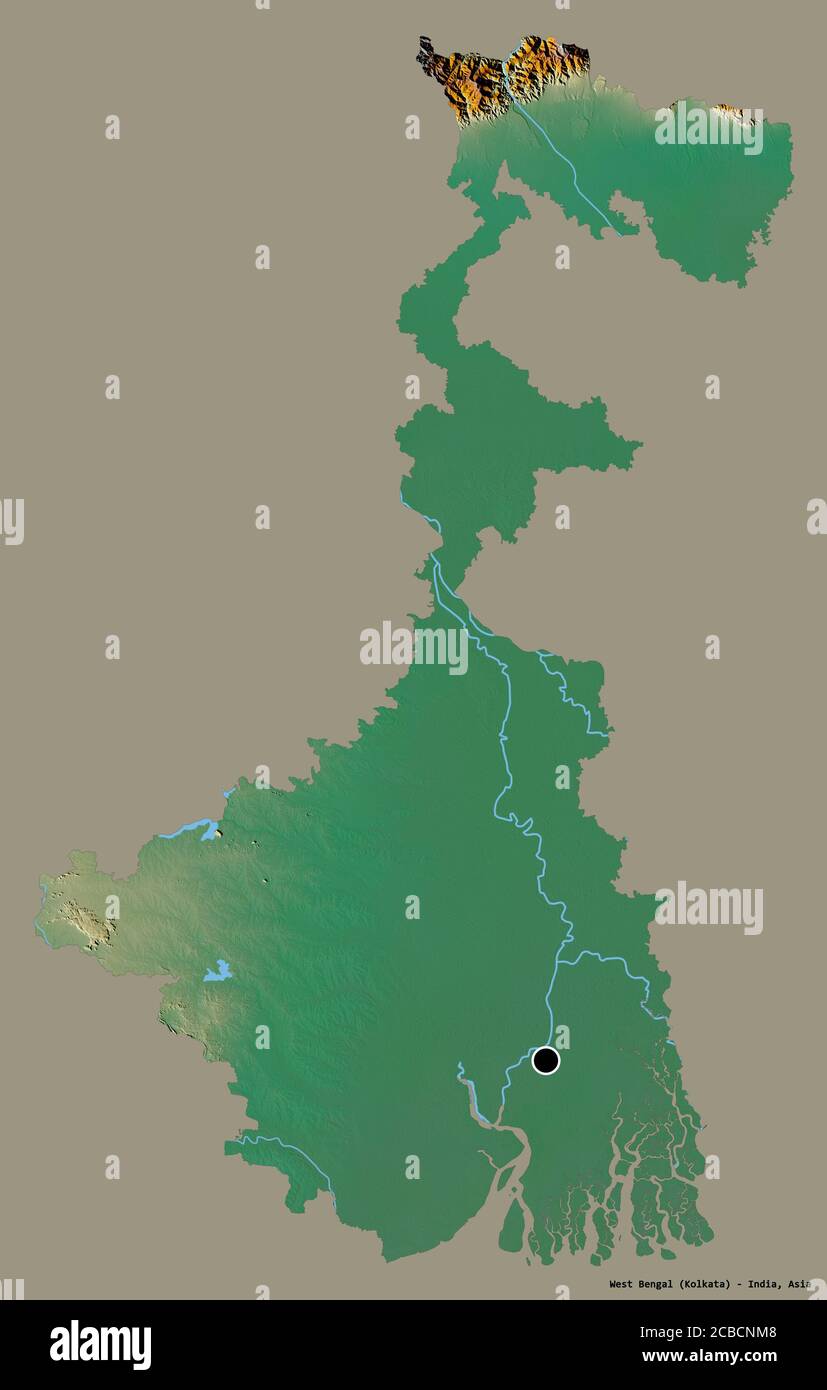 Form von West Bengalen, Staat Indien, mit seiner Hauptstadt isoliert auf einem einfarbigen Hintergrund. Topografische Reliefkarte. 3D-Rendering Stockfoto