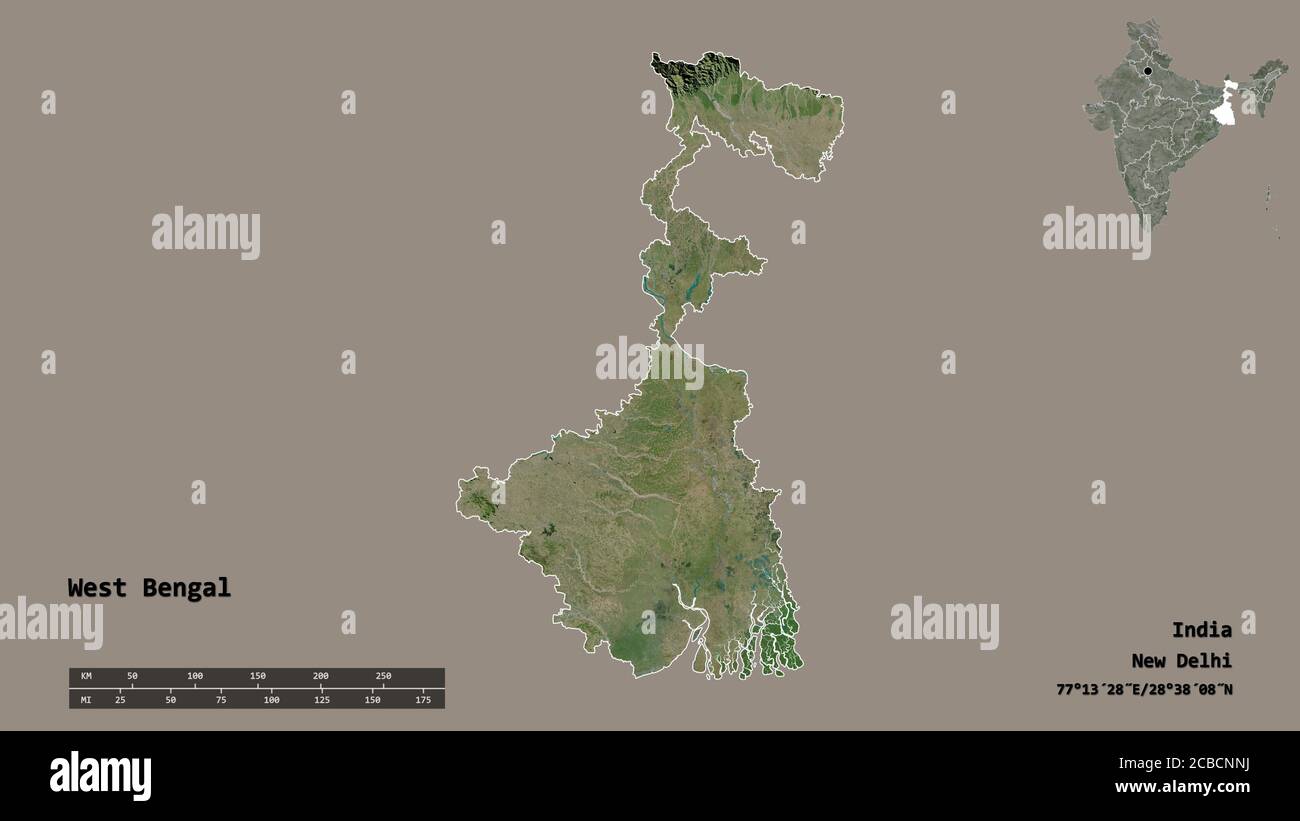 Form von Westbengalen, Staat Indien, mit seiner Hauptstadt isoliert auf festem Hintergrund. Entfernungsskala, Regionenvorschau und Beschriftungen. Satellitenbilder. 3D Stockfoto